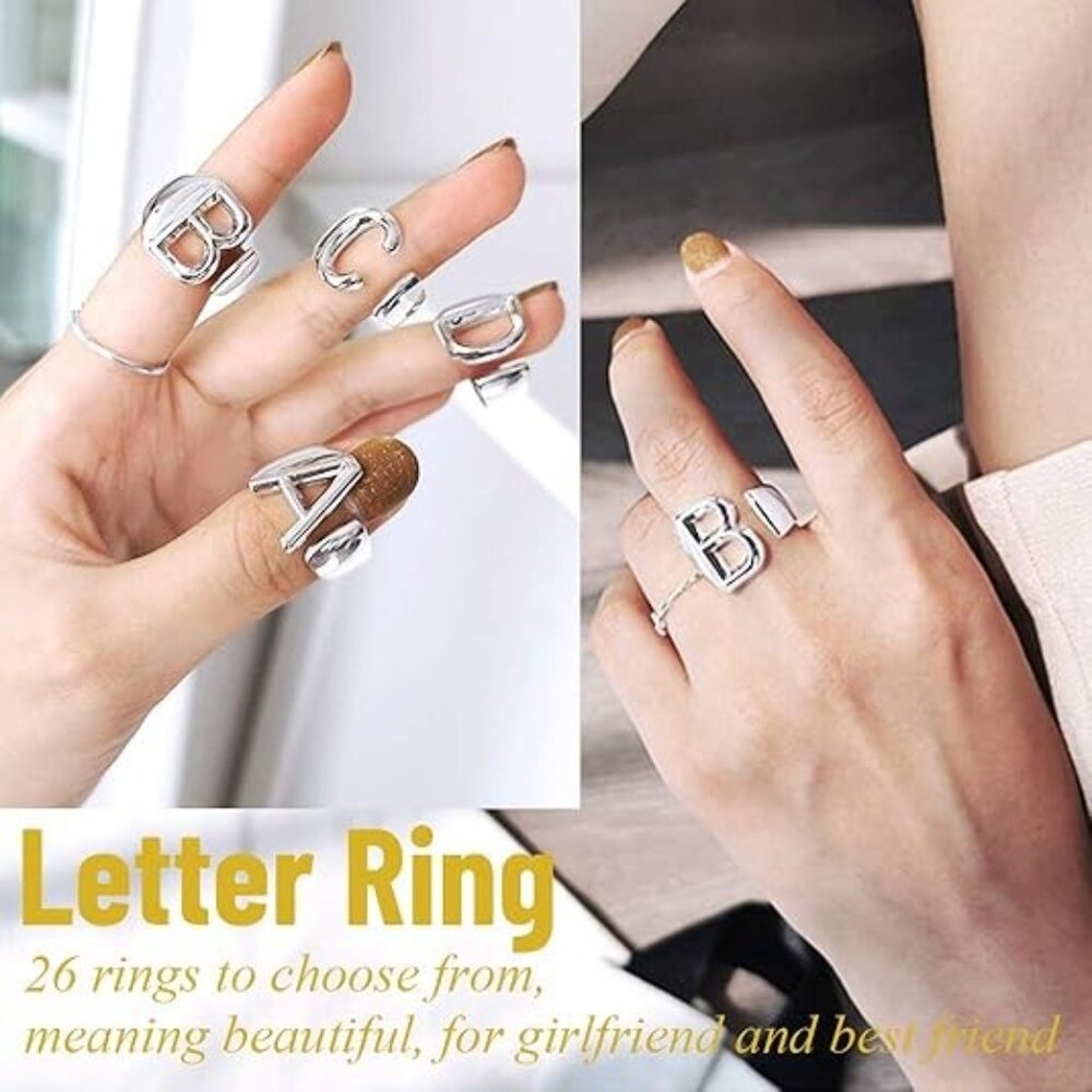 Letter D Initial Silver Rings Adjustable Gold Sta… - image 3